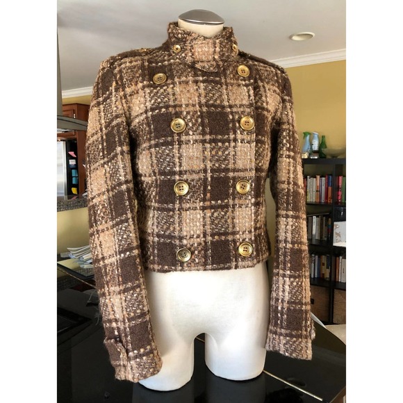 RARE Vtg Dolce & Gabbana Cropped Brown Plaid Double Breasted Chunky Tweed Jacket - Picture 2 of 12